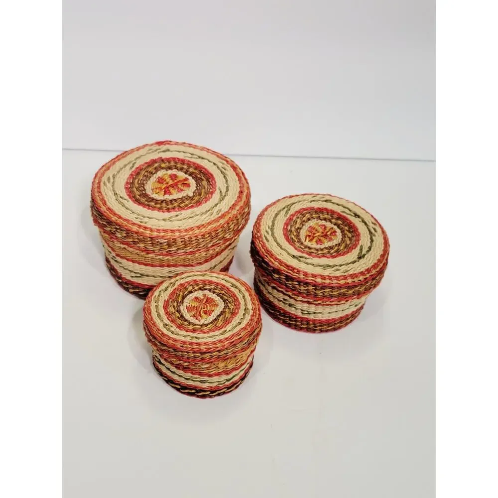 Vintage Set of 3 Chinese Sweetgrass Covered Nesting Baskets Rare